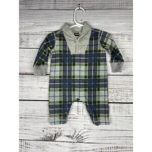 Tea Collection Shawl Collar Baby Romper in Edo Plaid Blue Green 0-3 month Snaps